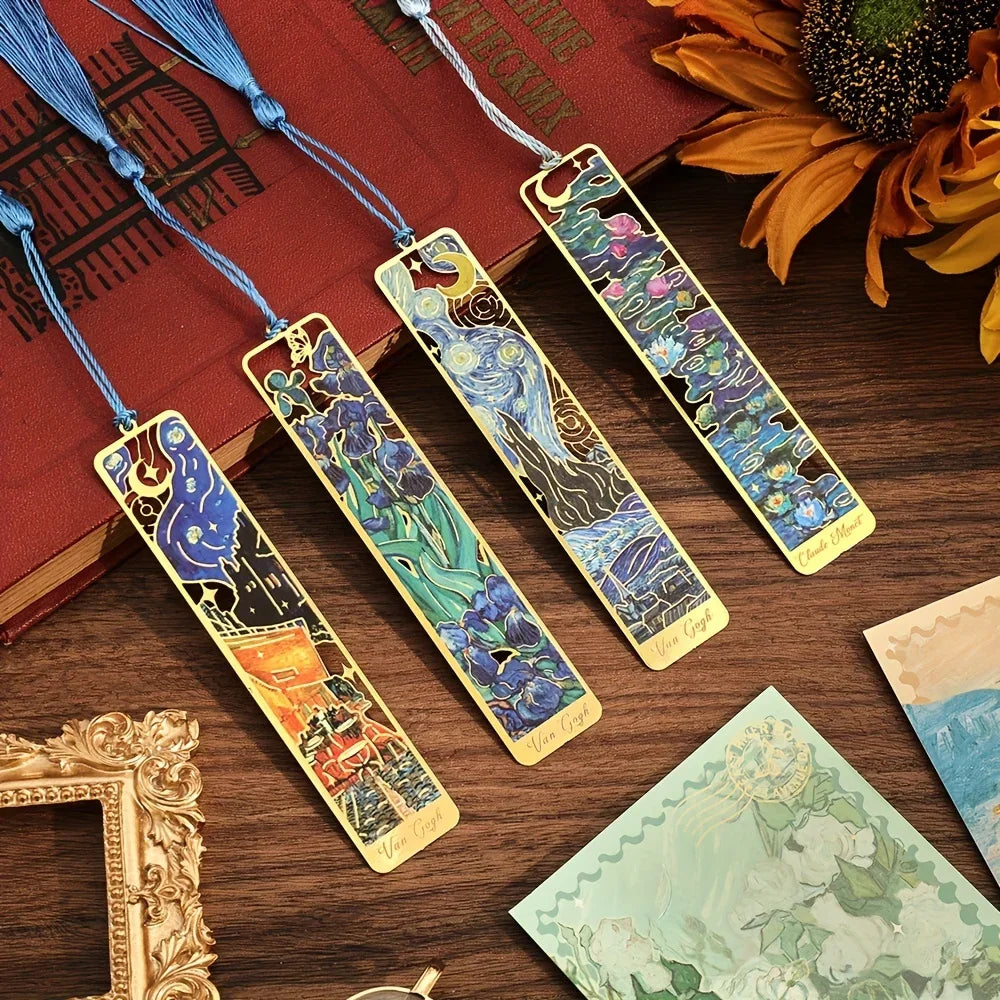 Vintage Oil Painting Metal Bookmark with Hollow Hot Stamping and Long Tassel