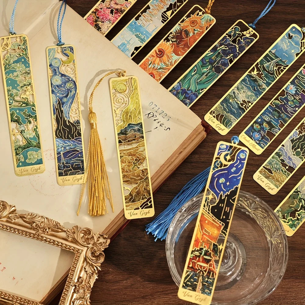 Vintage Oil Painting Metal Bookmark with Hollow Hot Stamping and Long Tassel