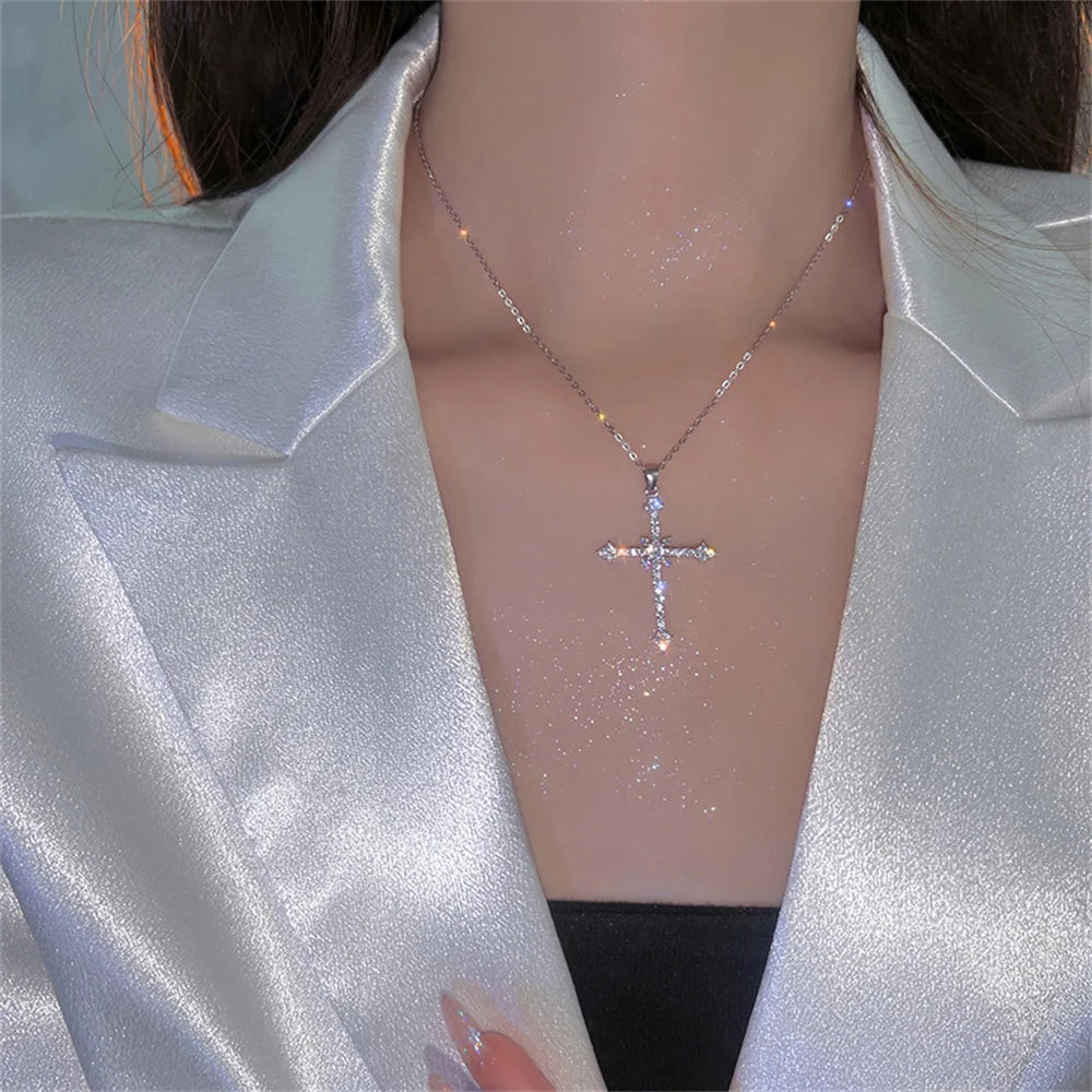 Elegant Crystal Cross and Star Pendant Necklace in Silver Color