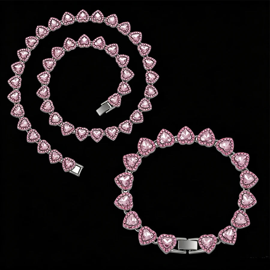 Yupsk Heart Rhinestone Hip Hop Tennis Chain Necklace and Bracelet Set