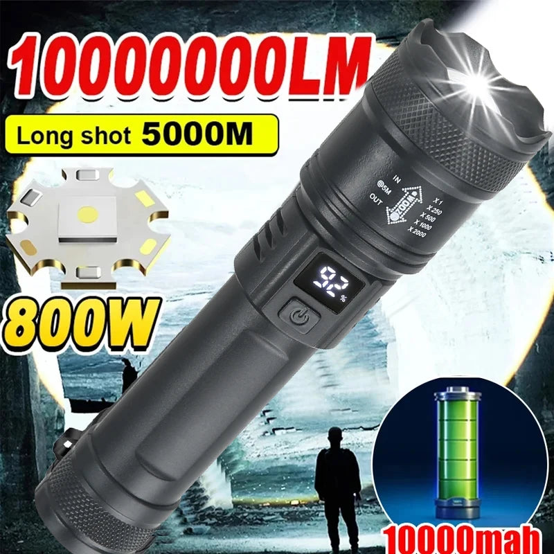 2000LM Tactical LED Flashlight with USB Charging and Zoom Display