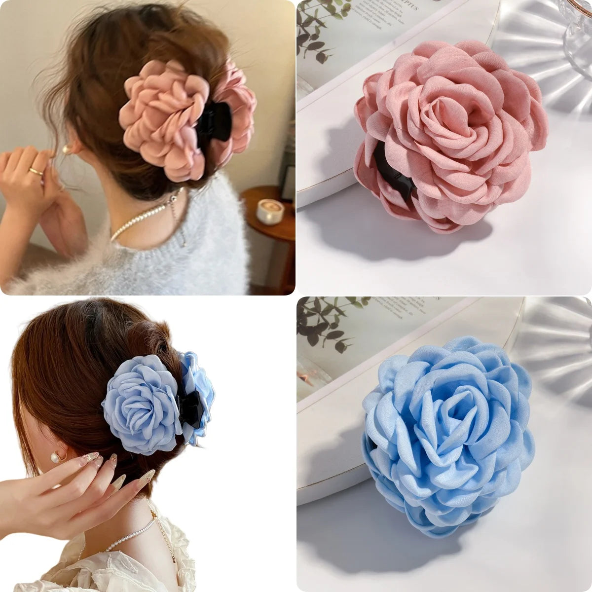 Medium Cotton Rose Flower Hair Claw Clip for Women