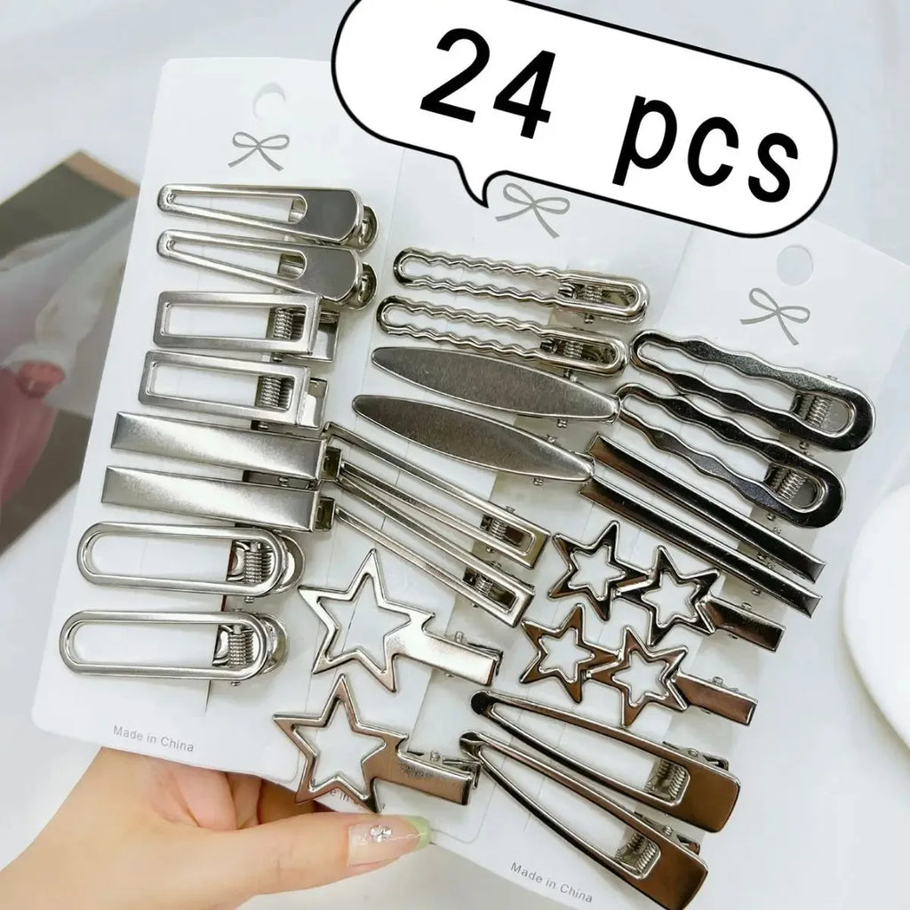 24-Piece Y2K Silver Metal Star Hair Clip Set