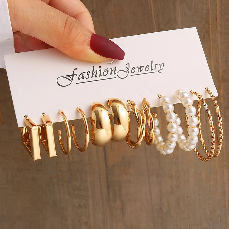 Vintage Gold Geometric Pearl and Metal Twine Dangle Earrings Set