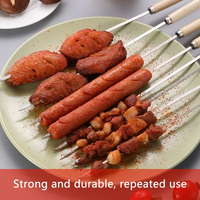 Reusable 304 Stainless Steel Barbecue Skewers with Wooden Handles