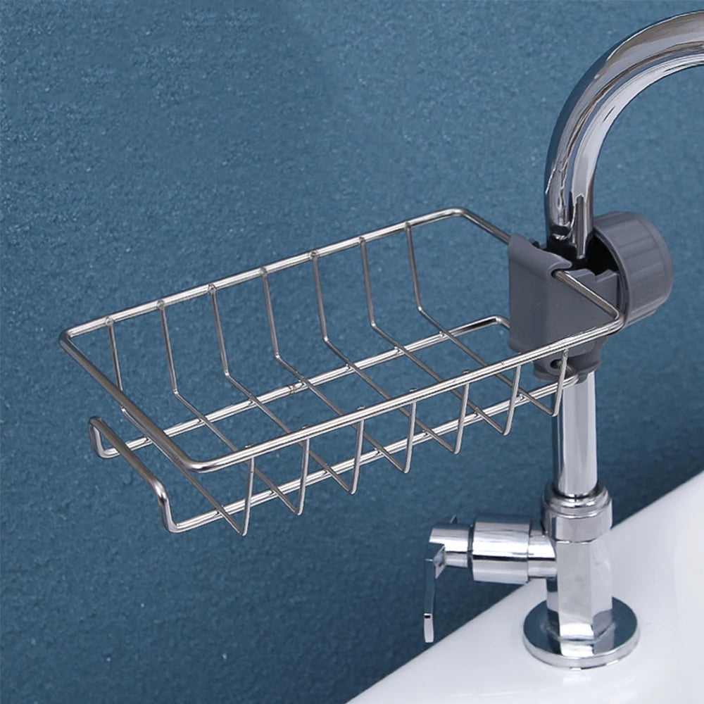 Adjustable Rotatable Hanging Faucet Rack for Kitchen Sink Sponges and Brushes