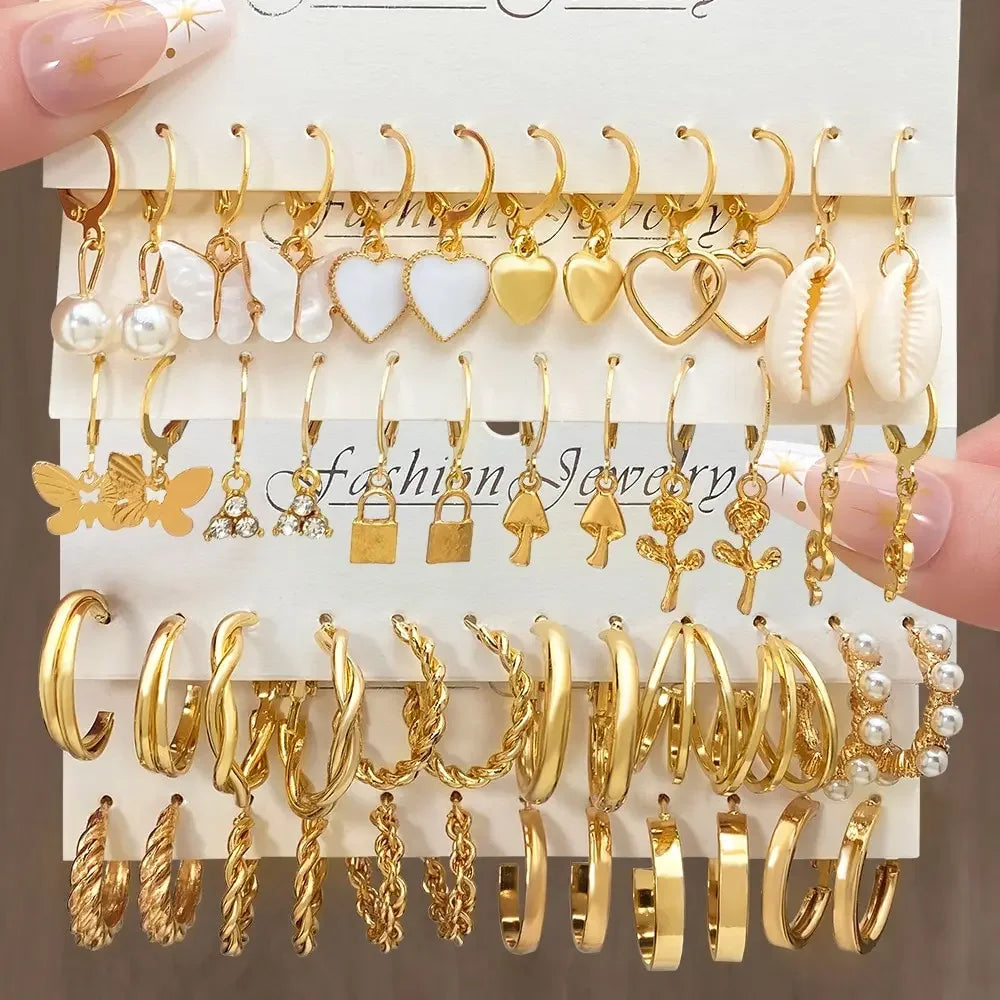 Gold Butterfly and Heart Pearl Dangle Hoop Earrings Set