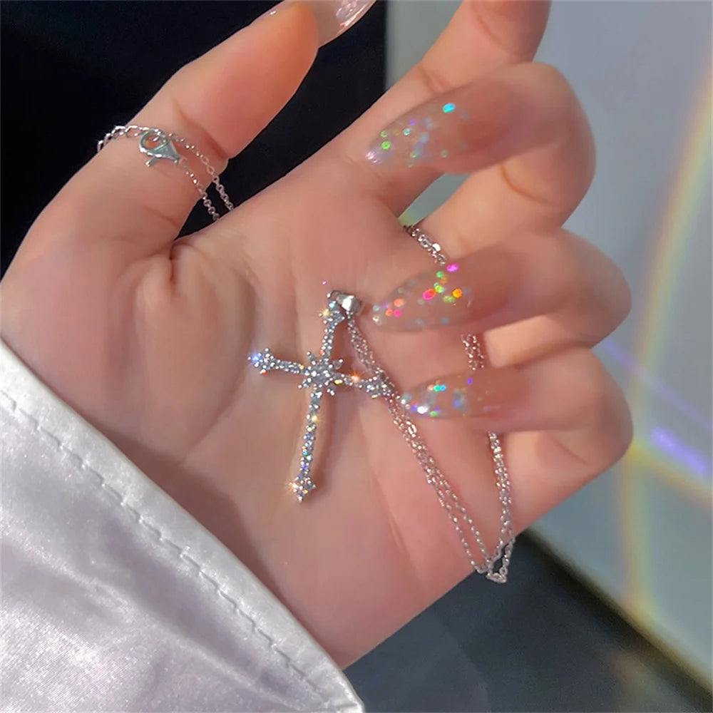 Elegant Crystal Cross and Star Pendant Necklace in Silver Color