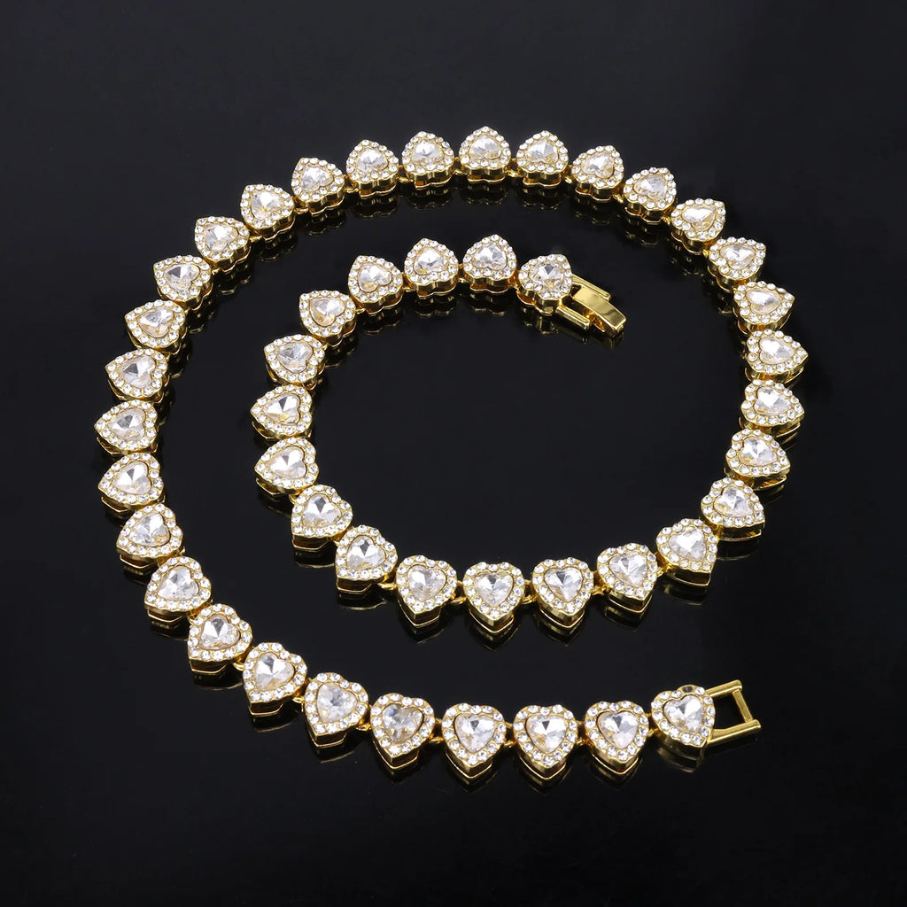Yupsk Heart Rhinestone Hip Hop Tennis Chain Necklace and Bracelet Set
