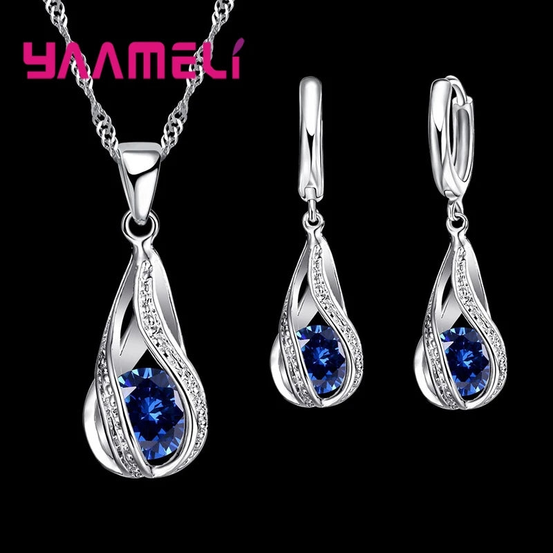 925 Sterling Silver Plated Water Drop Jewelry Set with Necklace and Hoop Earrings