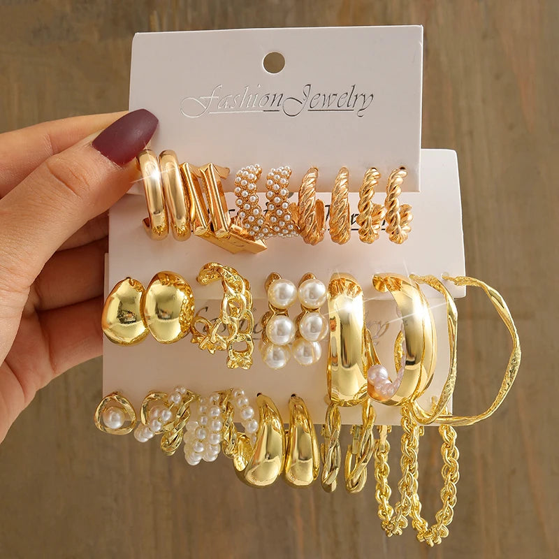 Vintage Gold Geometric Pearl and Metal Twine Dangle Earrings Set