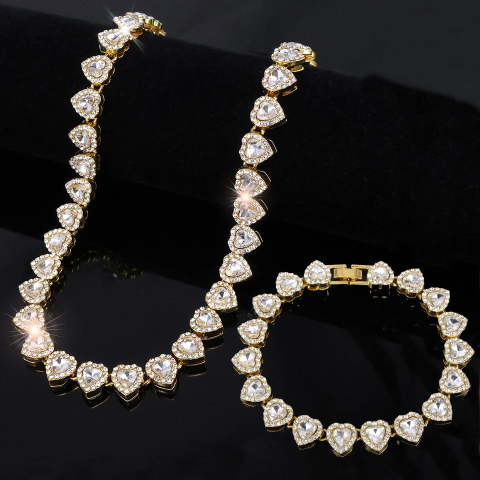 Yupsk Heart Rhinestone Hip Hop Tennis Chain Necklace and Bracelet Set