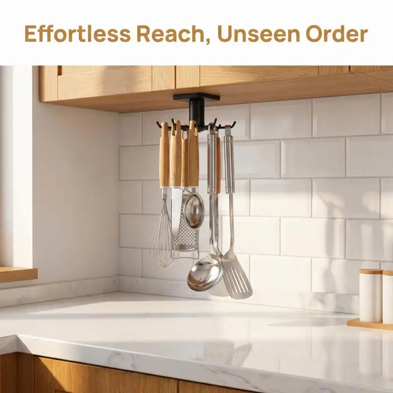 360° Rotating Adhesive Kitchen Utensil Rack with 6 Hooks