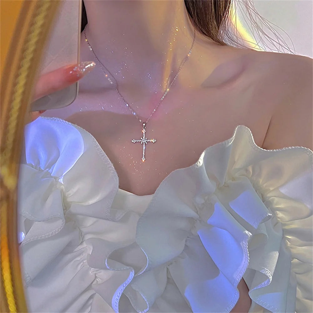 Elegant Crystal Cross and Star Pendant Necklace in Silver Color