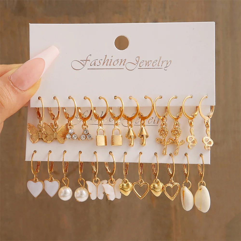 Gold Butterfly and Heart Pearl Dangle Hoop Earrings Set