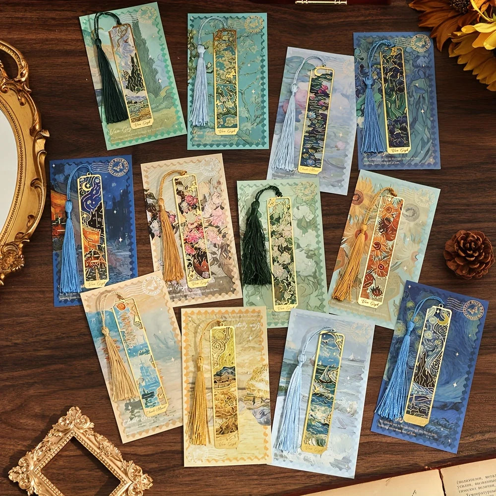 Vintage Oil Painting Metal Bookmark with Hollow Hot Stamping and Long Tassel