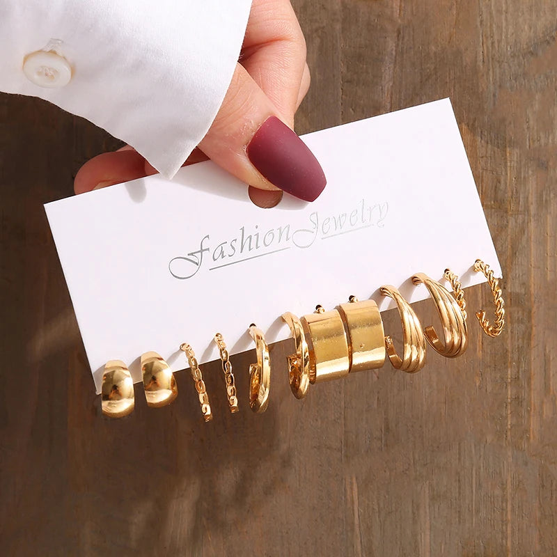 Vintage Gold Geometric Pearl and Metal Twine Dangle Earrings Set