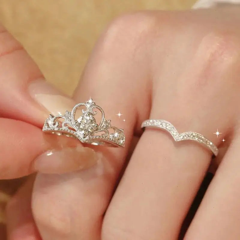 2-Piece Adjustable Sparkling Crystal Fairy Crown Ring Set