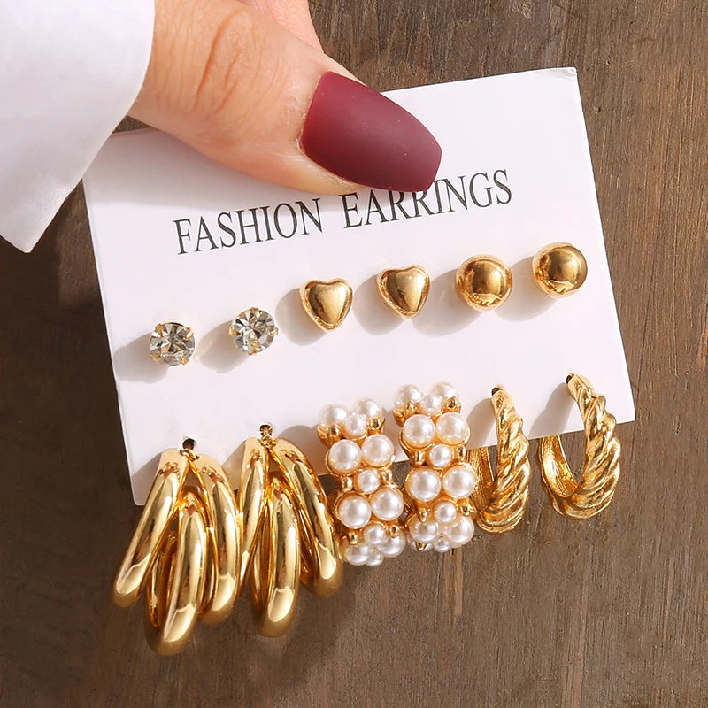 Vintage Gold Geometric Pearl and Metal Twine Dangle Earrings Set