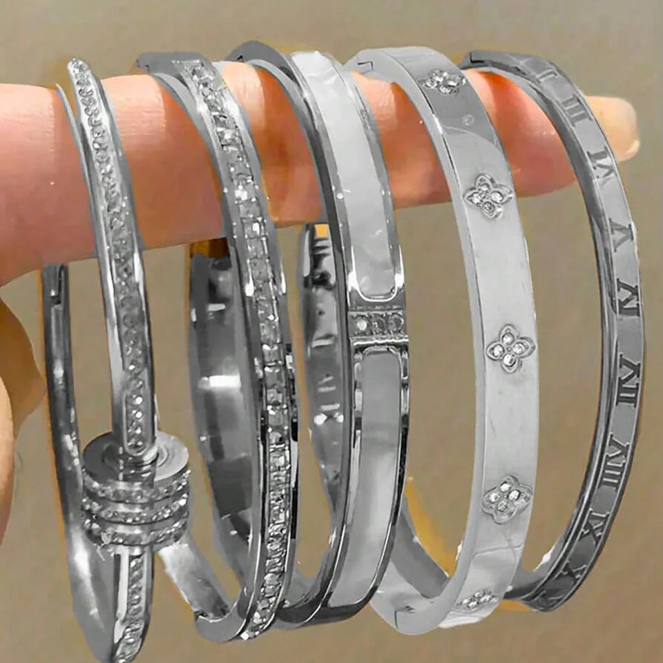 ZAKOL Zirconia Inlaid Stainless Steel Stackable Bracelet Set