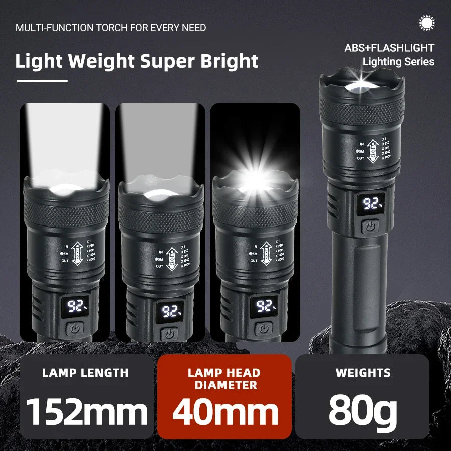2000LM Tactical LED Flashlight with USB Charging and Zoom Display