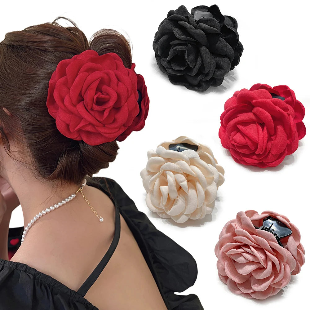 Medium Cotton Rose Flower Hair Claw Clip for Women