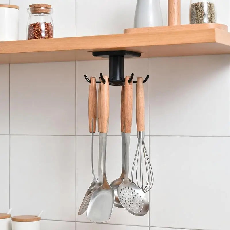 360° Rotating Adhesive Kitchen Utensil Rack with 6 Hooks