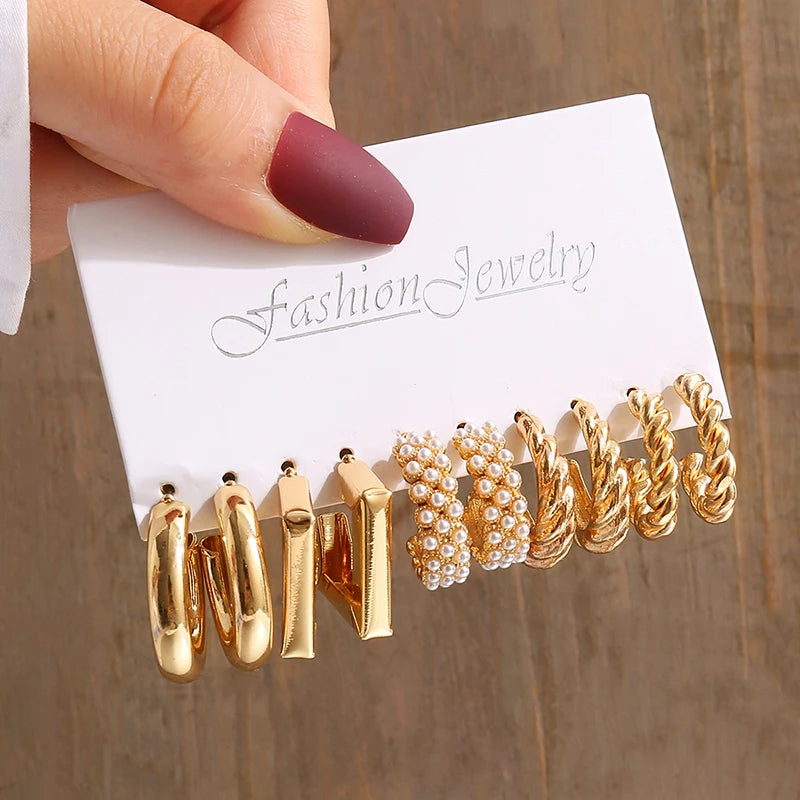 Vintage Gold Geometric Pearl and Metal Twine Dangle Earrings Set