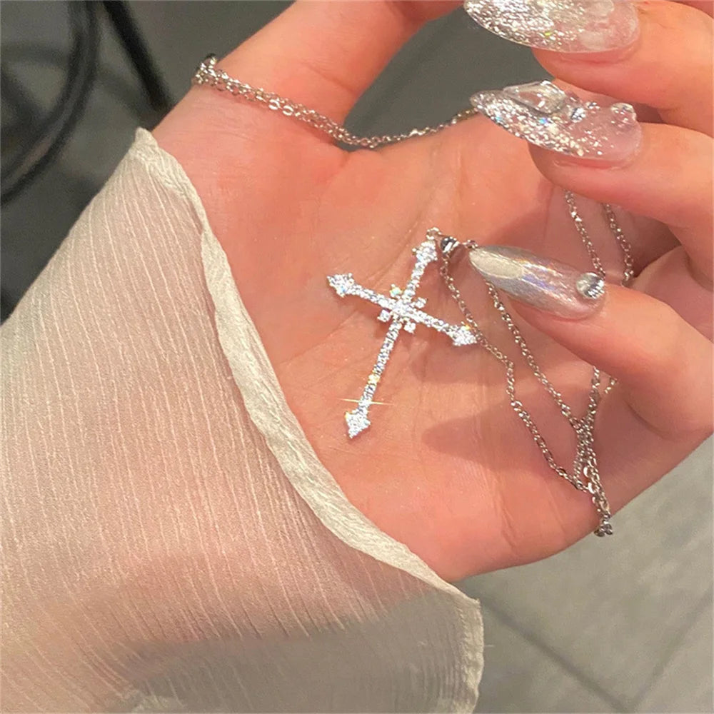 Elegant Crystal Cross and Star Pendant Necklace in Silver Color