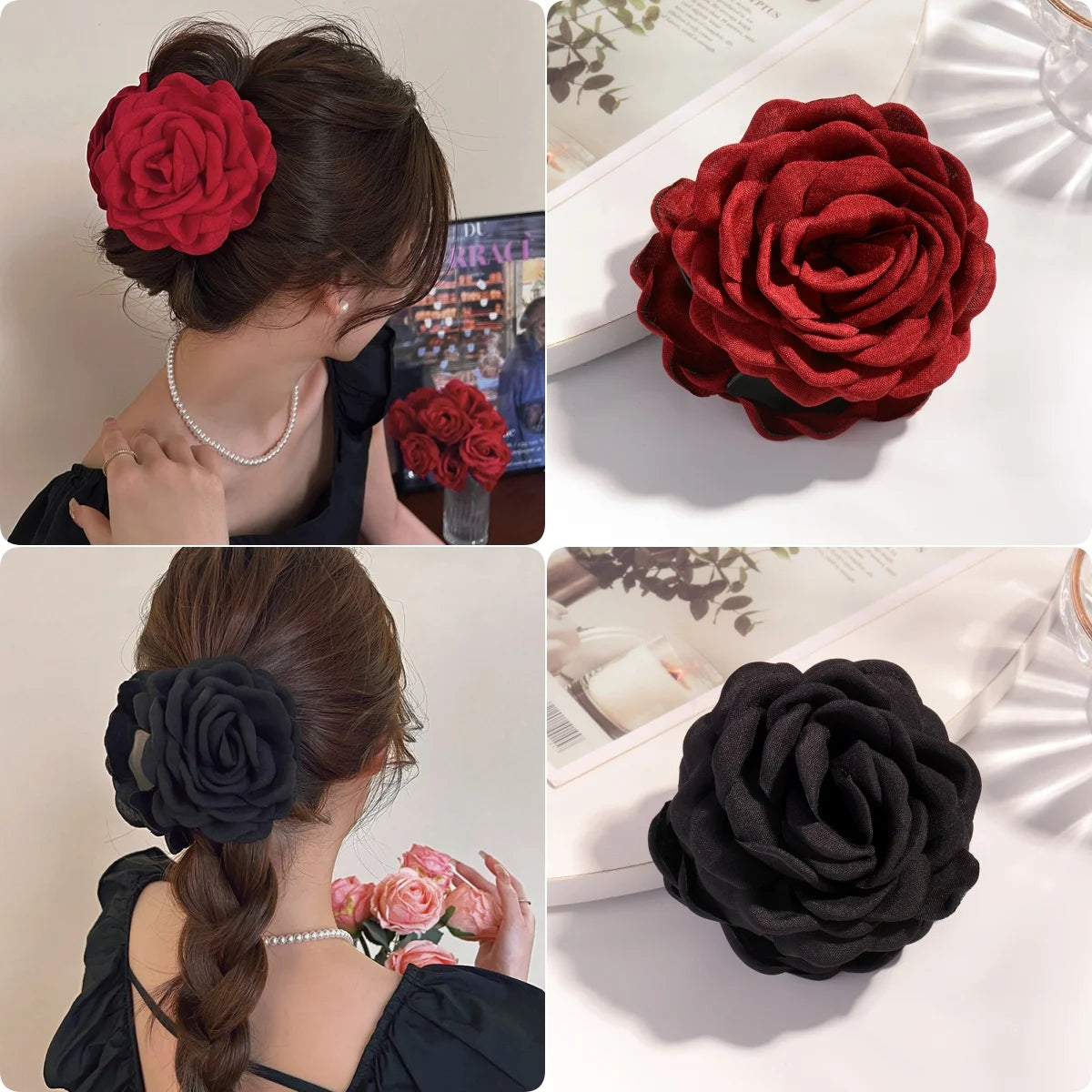 Medium Cotton Rose Flower Hair Claw Clip for Women