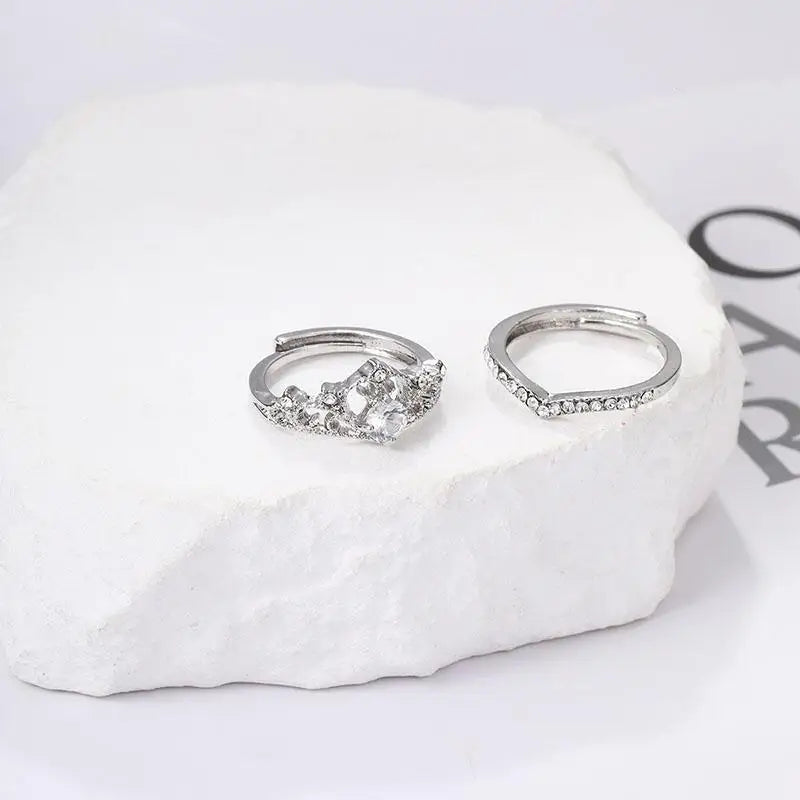 2-Piece Adjustable Sparkling Crystal Fairy Crown Ring Set