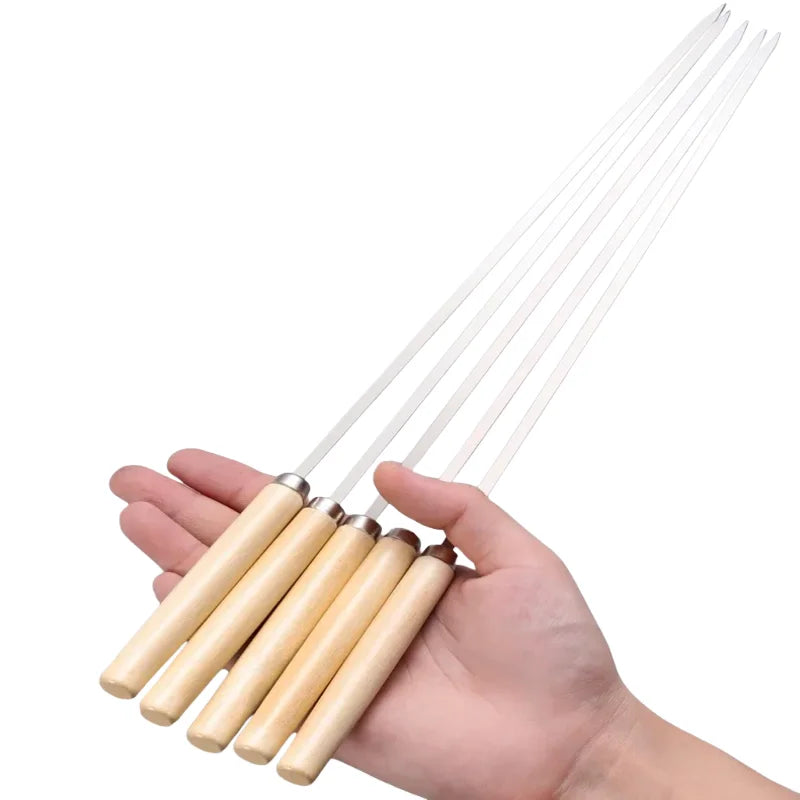 Reusable 304 Stainless Steel Barbecue Skewers with Wooden Handles