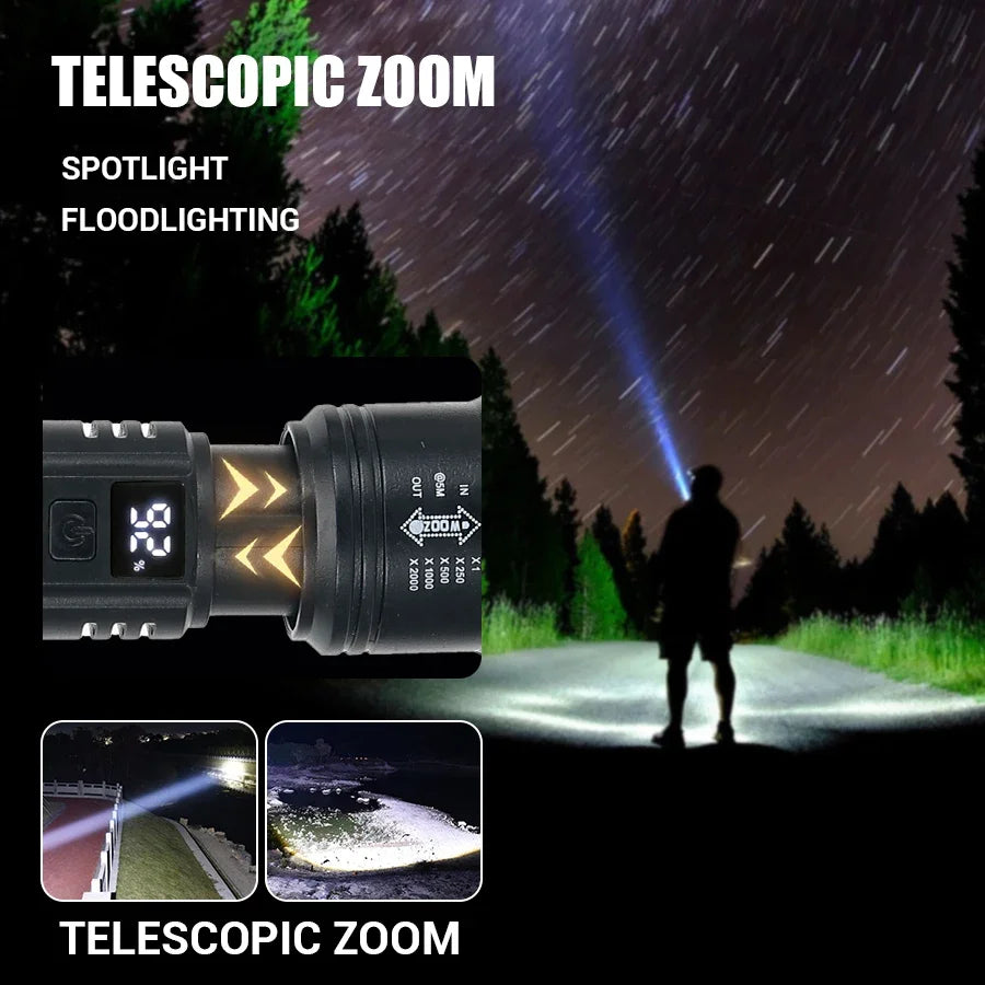 2000LM Tactical LED Flashlight with USB Charging and Zoom Display