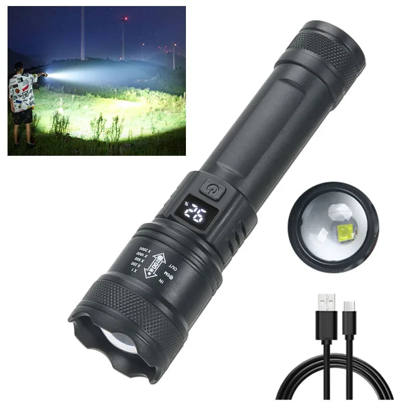 2000LM Tactical LED Flashlight with USB Charging and Zoom Display