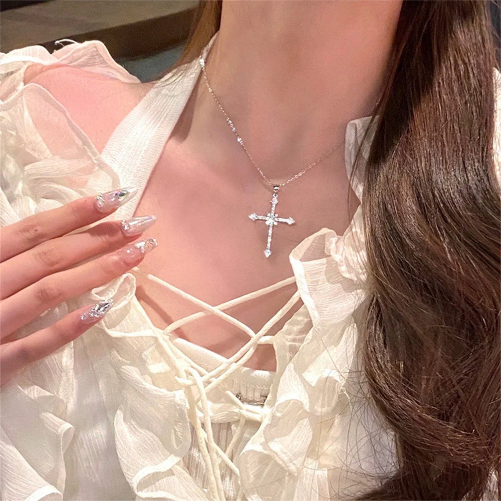 Elegant Crystal Cross and Star Pendant Necklace in Silver Color