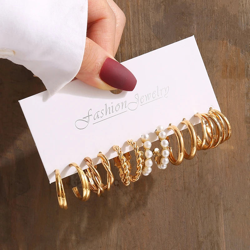 Vintage Gold Geometric Pearl and Metal Twine Dangle Earrings Set