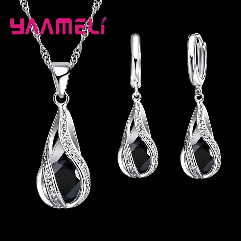 925 Sterling Silver Plated Water Drop Jewelry Set with Necklace and Hoop Earrings