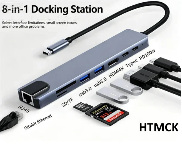 Multiport USB-C Hub with 4K HDMI, RJ45, SD/TF Card Reader and PD Charging