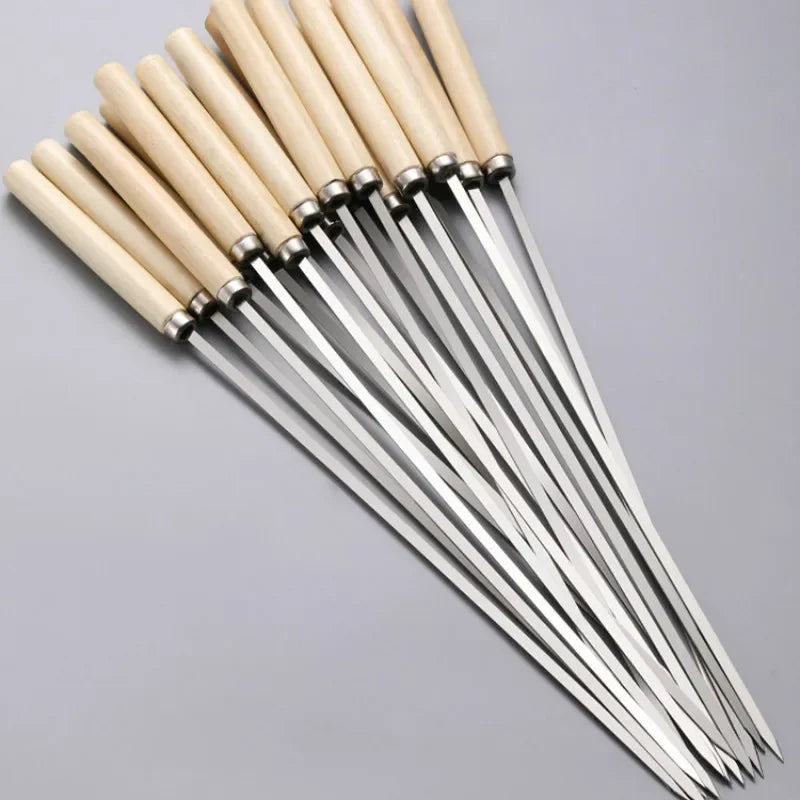 Reusable 304 Stainless Steel Barbecue Skewers with Wooden Handles